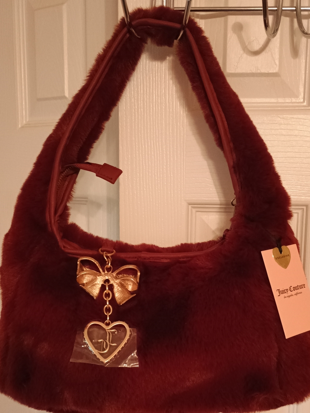 NWTS Juicy Couture Burgundy Faux Fur Hobo Shoulder Bag with Gold Bow Heart